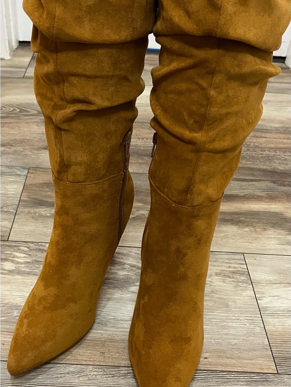 Journee Collection Over-the-Knee Pointed Suede Boots - Cognac